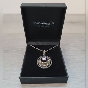 NWT Vintage Macy's Sterling Marcasite Amethyst Pendant Necklace & Earrings Set